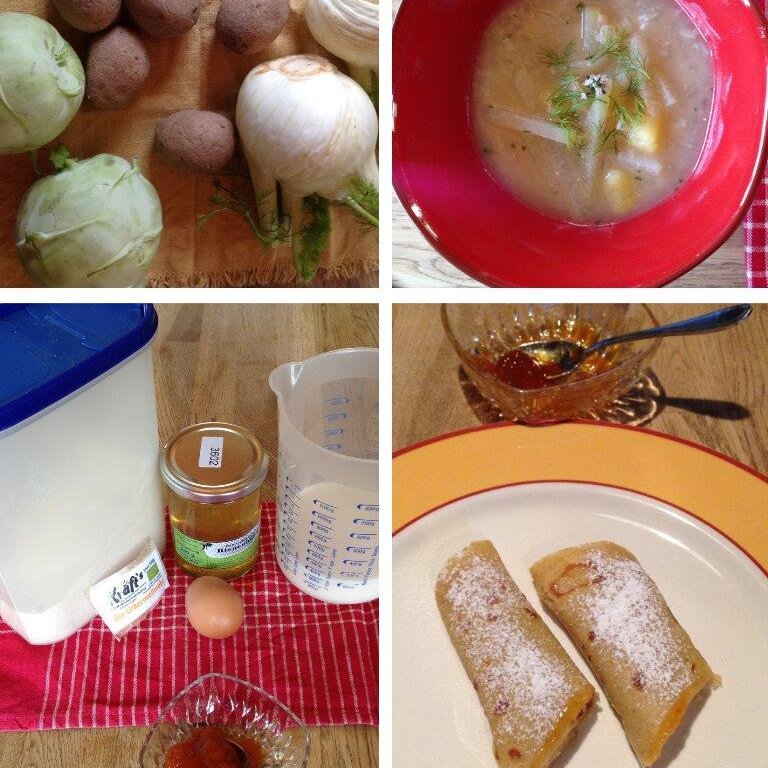 Zutaten Gemüsesuppe, Gemüsesuppe, Zutaten Palatschinke, Palatschinke fertig_LEADER Region Weinviertel Ost